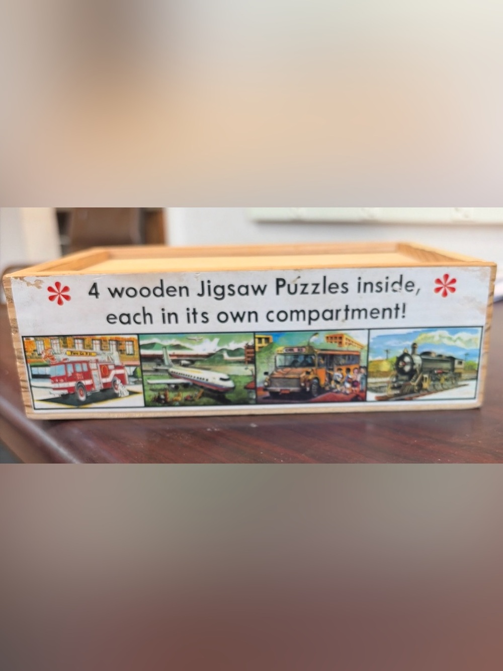Melissa & Doug wooden puzzles set of 4 in one box Bus, train, plane , fire truck